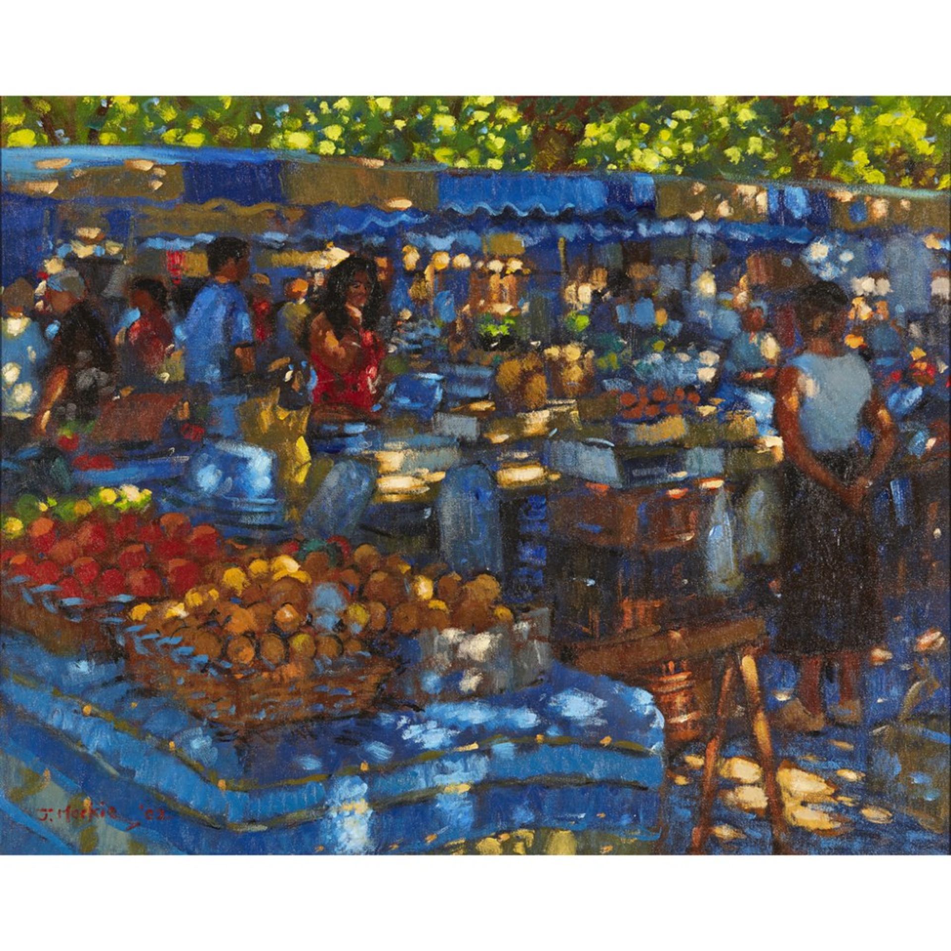 [§] JOHN MACKIE (SCOTTISH B.1953)SATURDAY MARKET Signed and dated '02, oil on canvas60cm x 75cm (