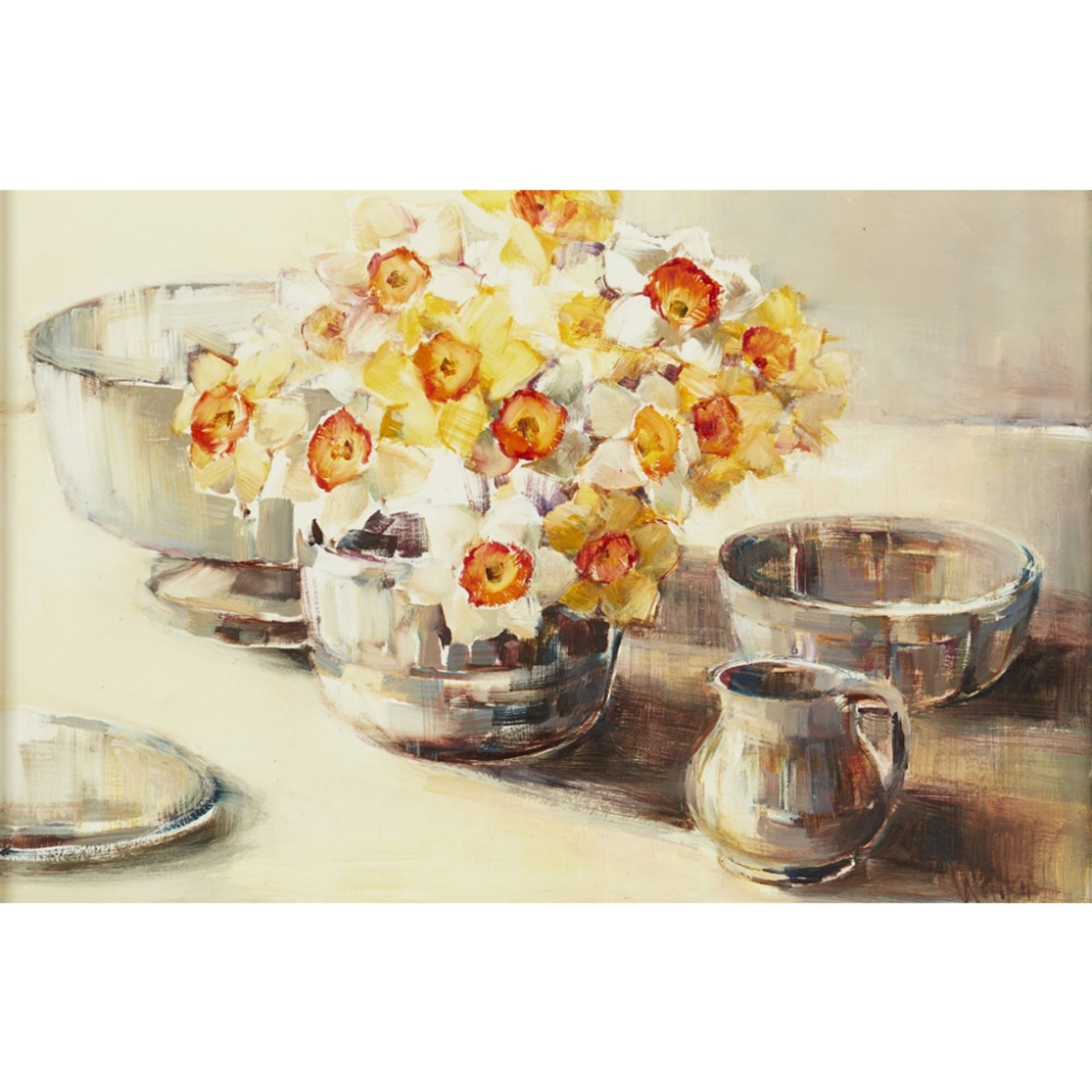 [§] ETHEL WALKER (SCOTTISH B.1941)STILL LIFE WITH MIXED DAFFODILS Signed, oil on board30cm x 47cm (