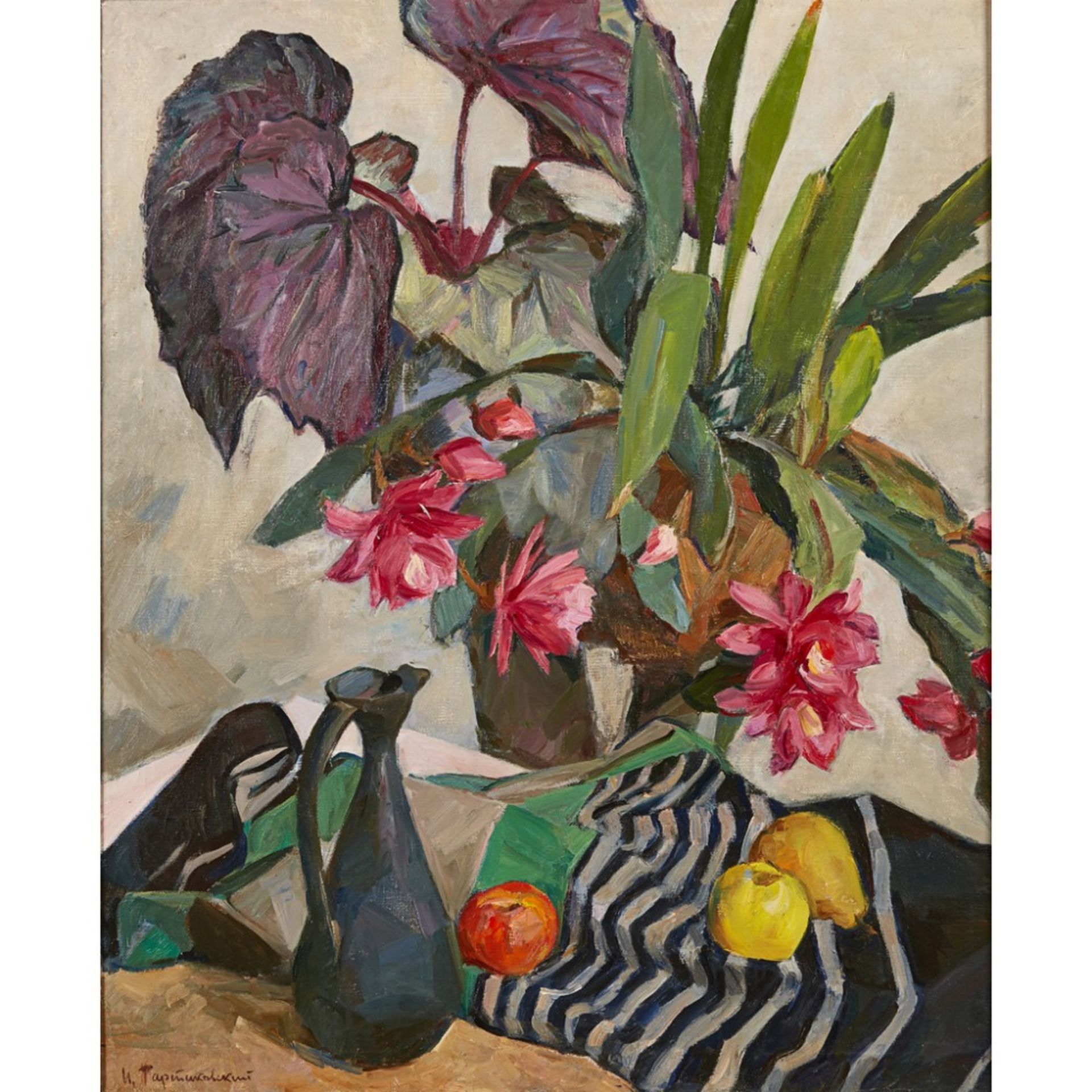 ISAAK TARTAKOVSKI (RUSSIAN B.1912)STILL LIFE WITH STRIPED CLOTH Signed, signed, dated '77 and