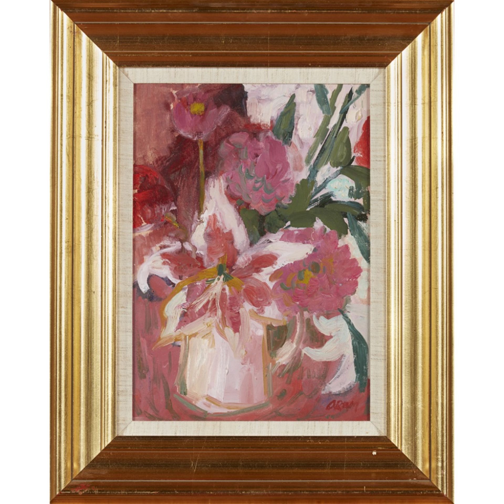 [§] ANN ORAM R.S.W. (SCOTTISH B.1956)PINK STILL-LIFE Signed, oil on board34cm x 24cm (13.5in x 9. - Image 2 of 2