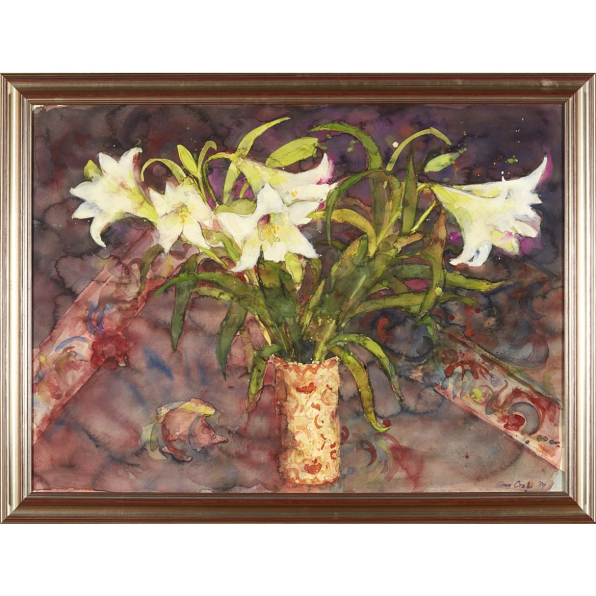 [§] ANN ORAM R.S.W. (SCOTTISH B.1956)LILLIES Signed and dated '89, watercolour100.5cm x 73cm (39.5in - Image 2 of 2