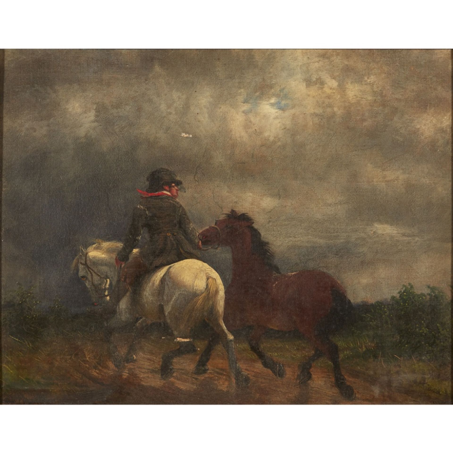 19TH CENTURY BRITISH SCHOOLRIDER WITH TWO HORSES Oil on canvas27cm x 34.5cm (10.5in x 13.5in)