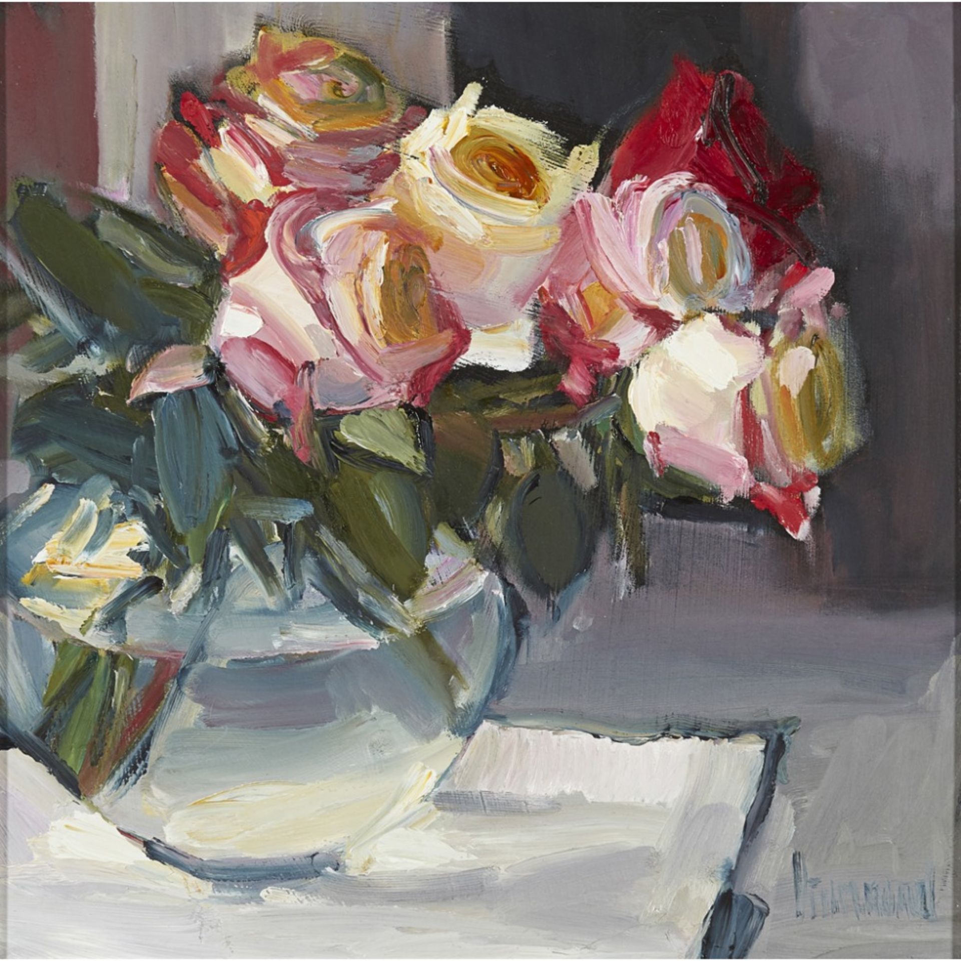 [§] MARION DRUMMOND (SCOTTISH B.1958)ROSES FROM MY GARDEN Signed, oil on board28.5cm x 28.5cm (11.