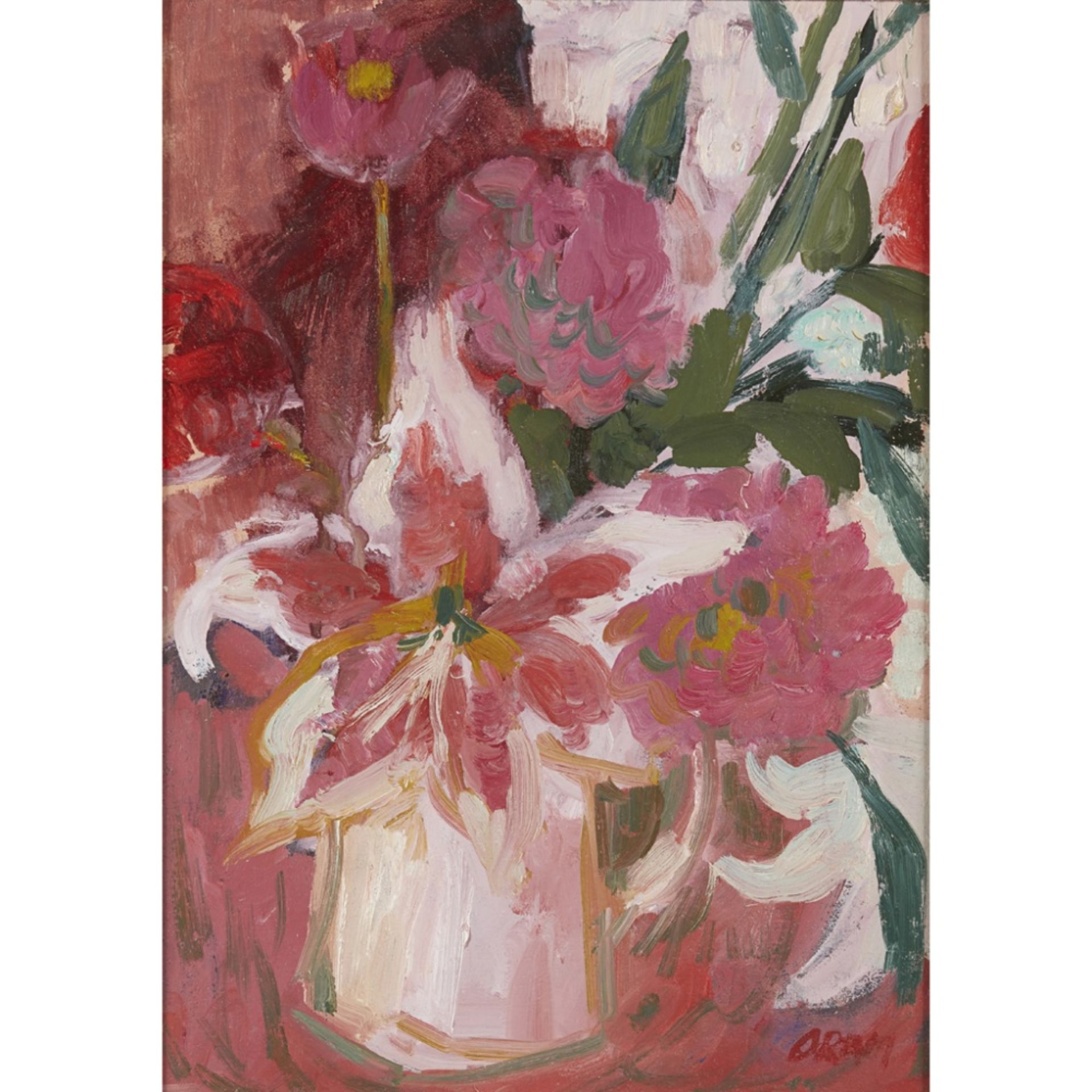 [§] ANN ORAM R.S.W. (SCOTTISH B.1956)PINK STILL-LIFE Signed, oil on board34cm x 24cm (13.5in x 9.