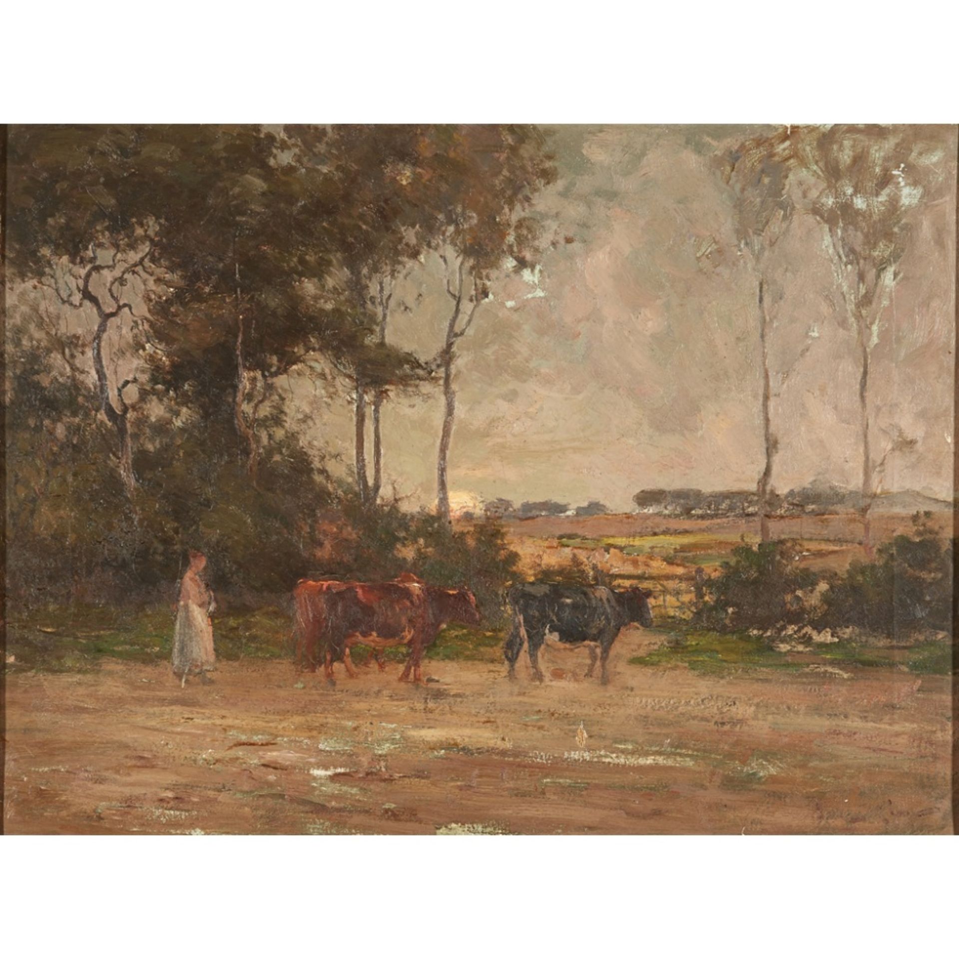 JOSEPH MILNE (SCOTTISH 1857-1911)HERDING CATTLE AT SUNSET Signed, oil on canvas45cm x 60cm (17.