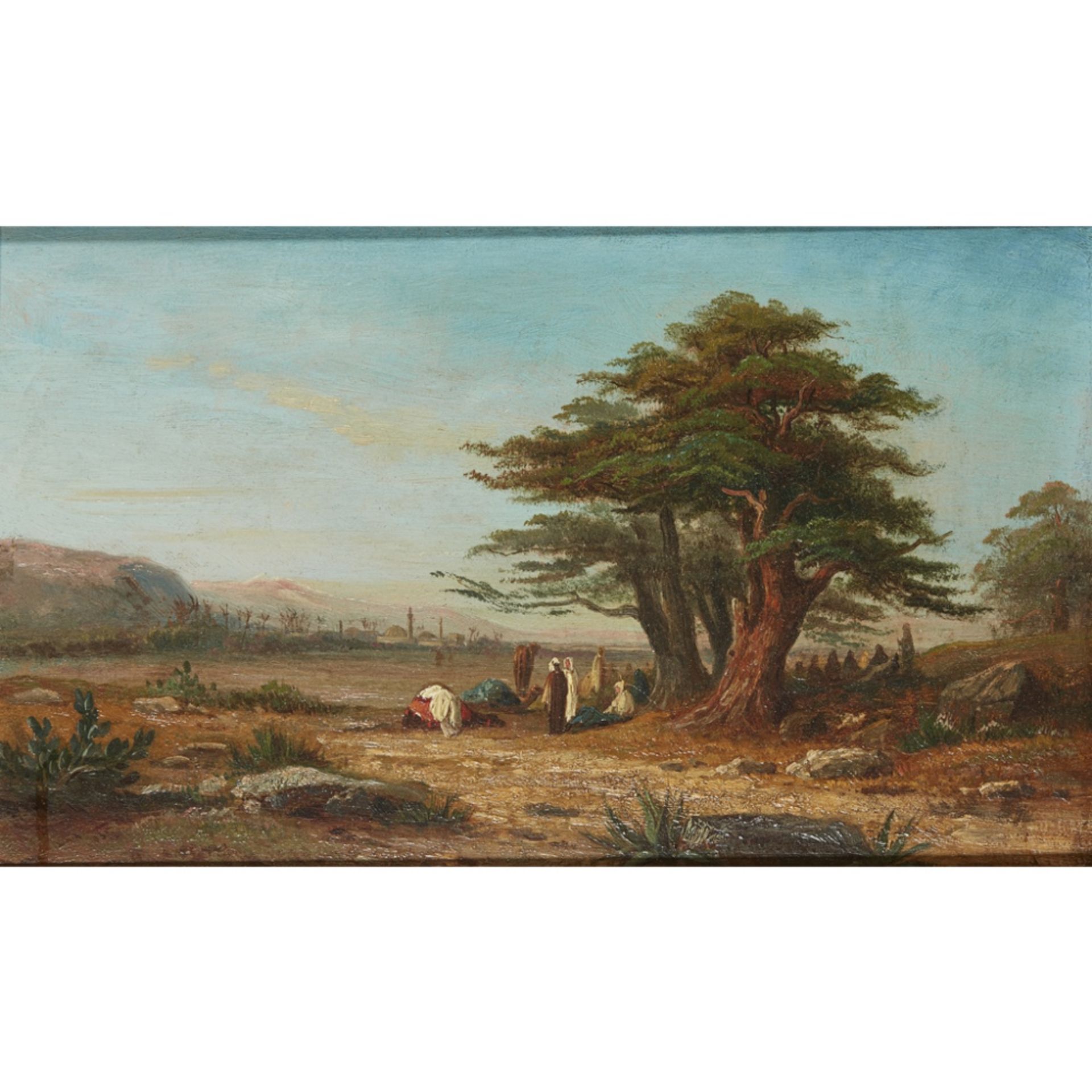 ATTRIBUTED TO THEODORE FRERE (FRENCH 1814-1888)SETTING UP CAMP, WITH CAMELS AT REST Oil on panel