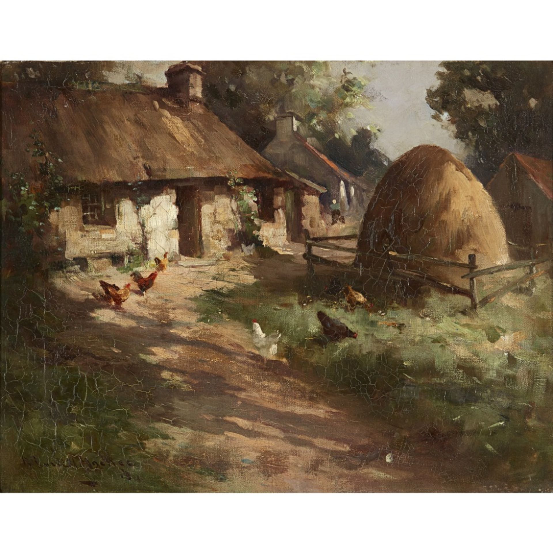 [§] ROBERT RUSSELL MCNEE R.G.I. (SCOTTISH 1860-1952)HENS BY A HAYSTACK Signed and indistinctly