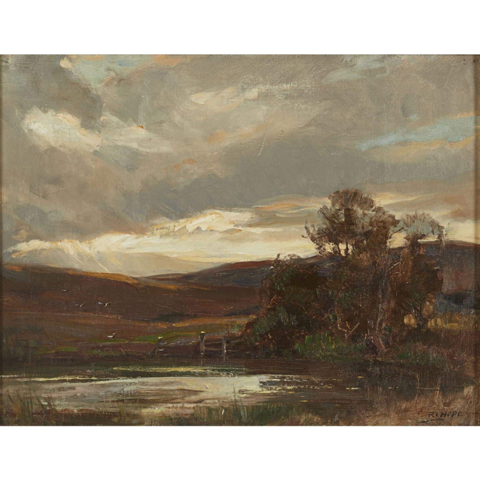 ROBERT HOPE R.S.A (SCOTTISH 1869-1936)EVENING ON THE SWIRE ROAD, ETTRICK BRIDGE Signed, oil on
