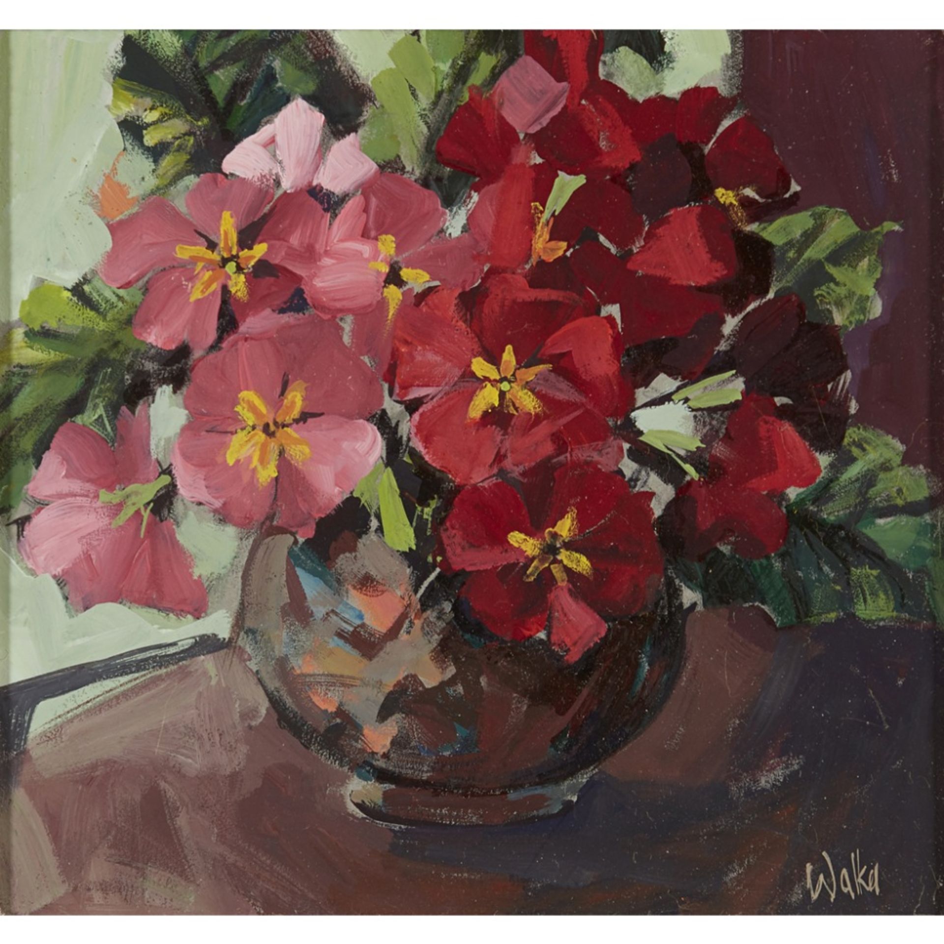 [§] ETHEL WALKER (SCOTTISH B.1941)PRIMULA Signed, oil on board16cm x 17cm (6.25in x 6.75in)