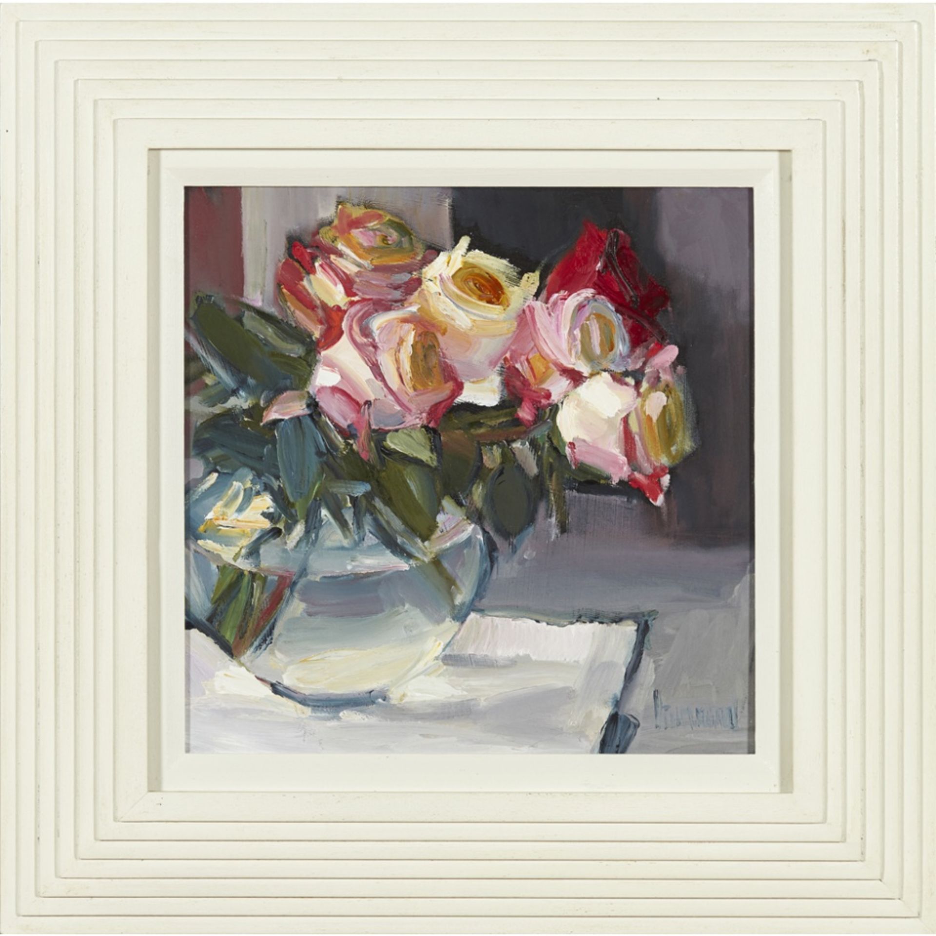 [§] MARION DRUMMOND (SCOTTISH B.1958)ROSES FROM MY GARDEN Signed, oil on board28.5cm x 28.5cm (11. - Image 2 of 2