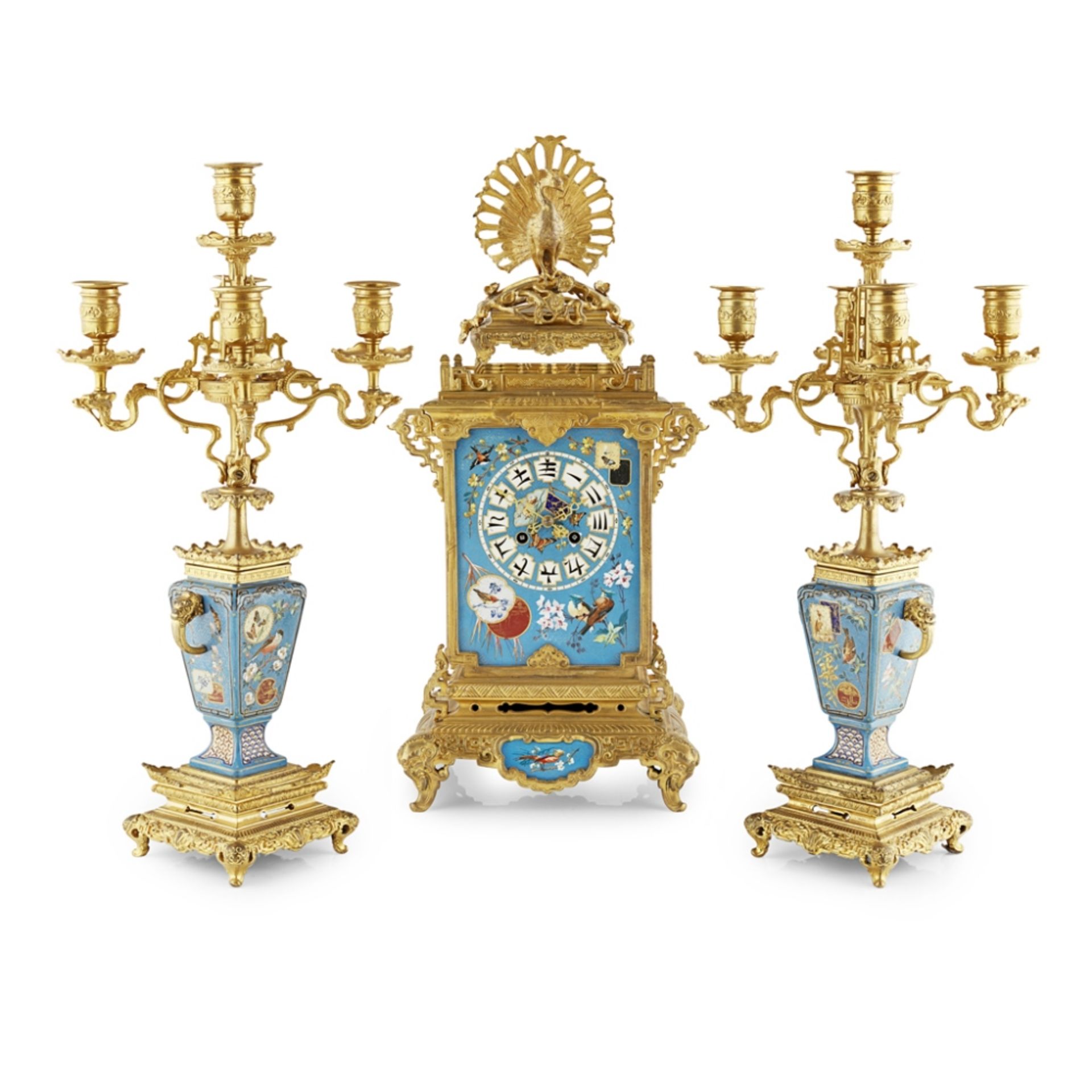 FRENCH 'JAPONISME' PORCELAIN AND GILT BRONZE THREE PIECE CLOCK GARNITURE, ATTRIBUTED TO L’ESCALIER - Image 2 of 6