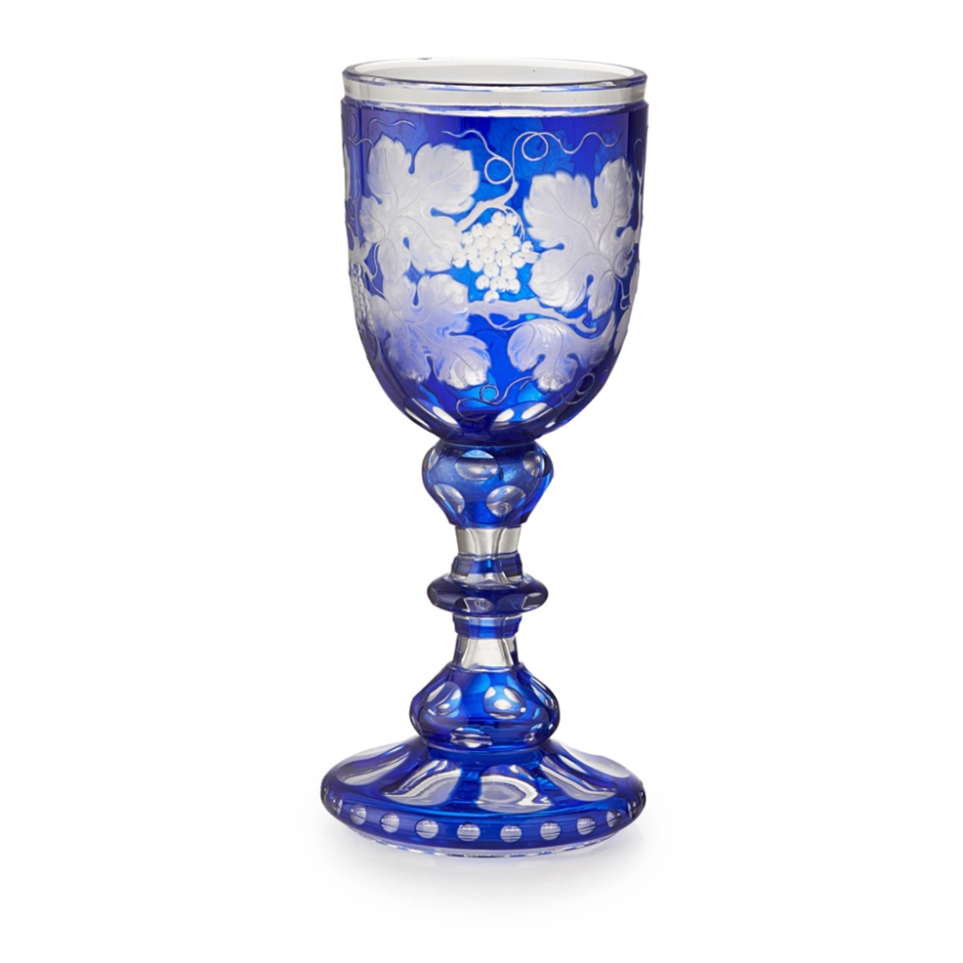 BOHEMIAN BLUE STAINED ETCHED AND ENGRAVED GLASS WINE GOBLET19TH CENTURY the acid-etched and cut-bowl
