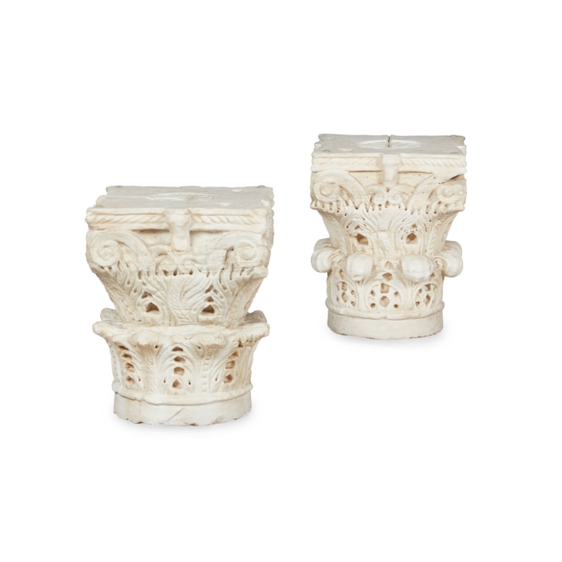 TWO BYZANTINE WHITE MARBLE CLOISTER CAPITALS14TH CENTURY of slightly different design, the