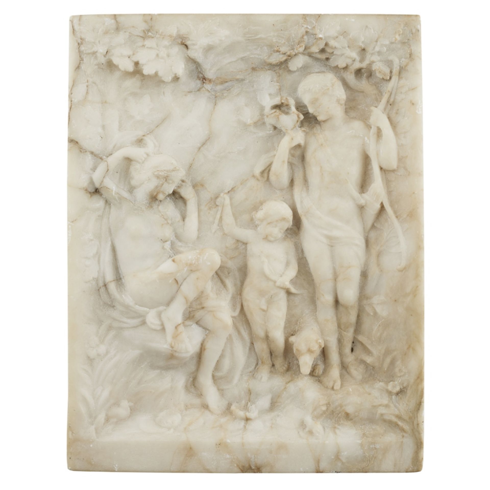 TWO CARVED ALABASTER RELIEF PANELSof rectangular form, the first depicting Cupid with Artemis and - Image 2 of 3