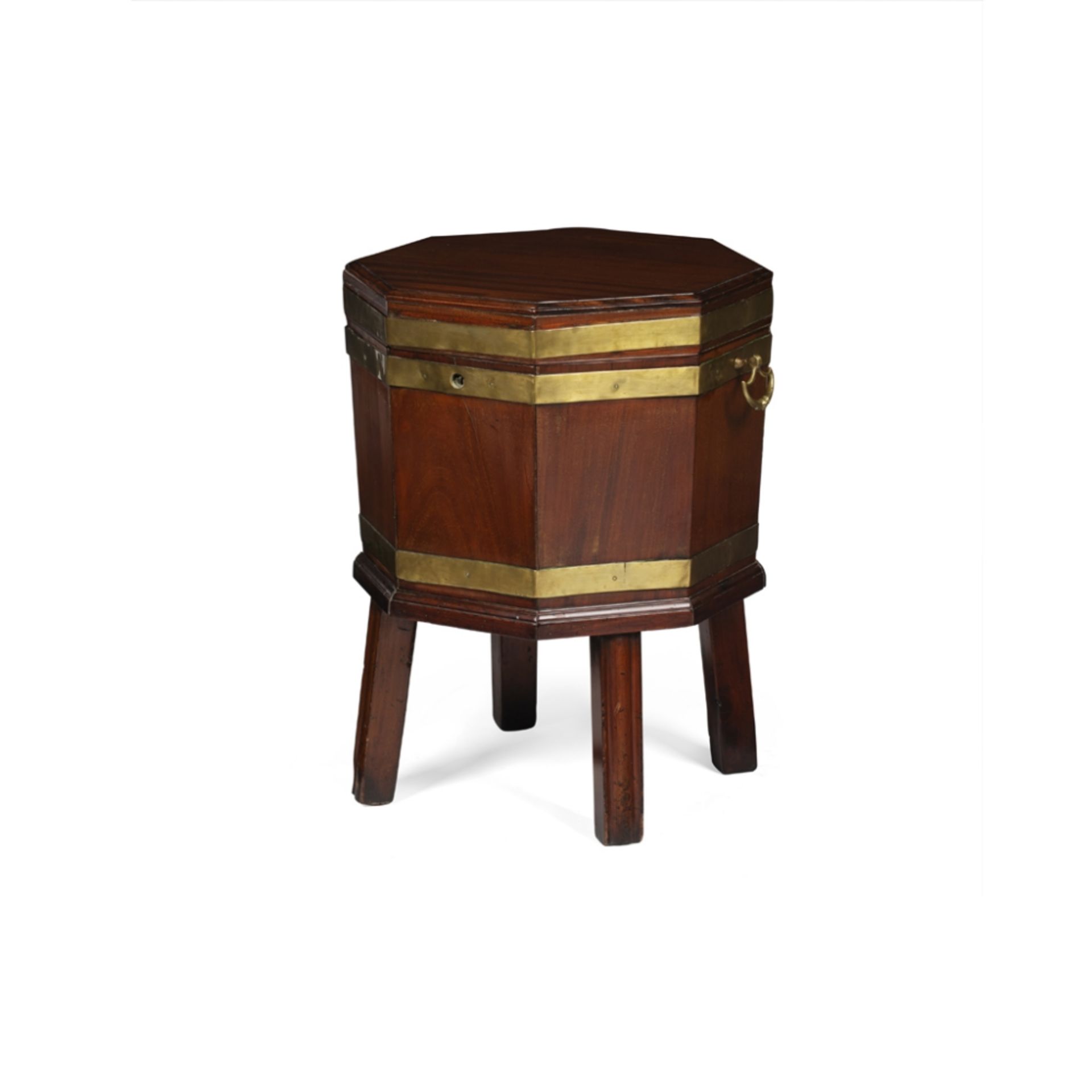 GEORGE III MAHOGANY AND BRASS CELLARETTE18TH CENTURY of octagonal form, with three brass bands and