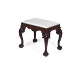 LATE GEORGE II MAHOGANY STOOLMID-18TH CENTURY the drop-in seat covered in white silk, above a shaped