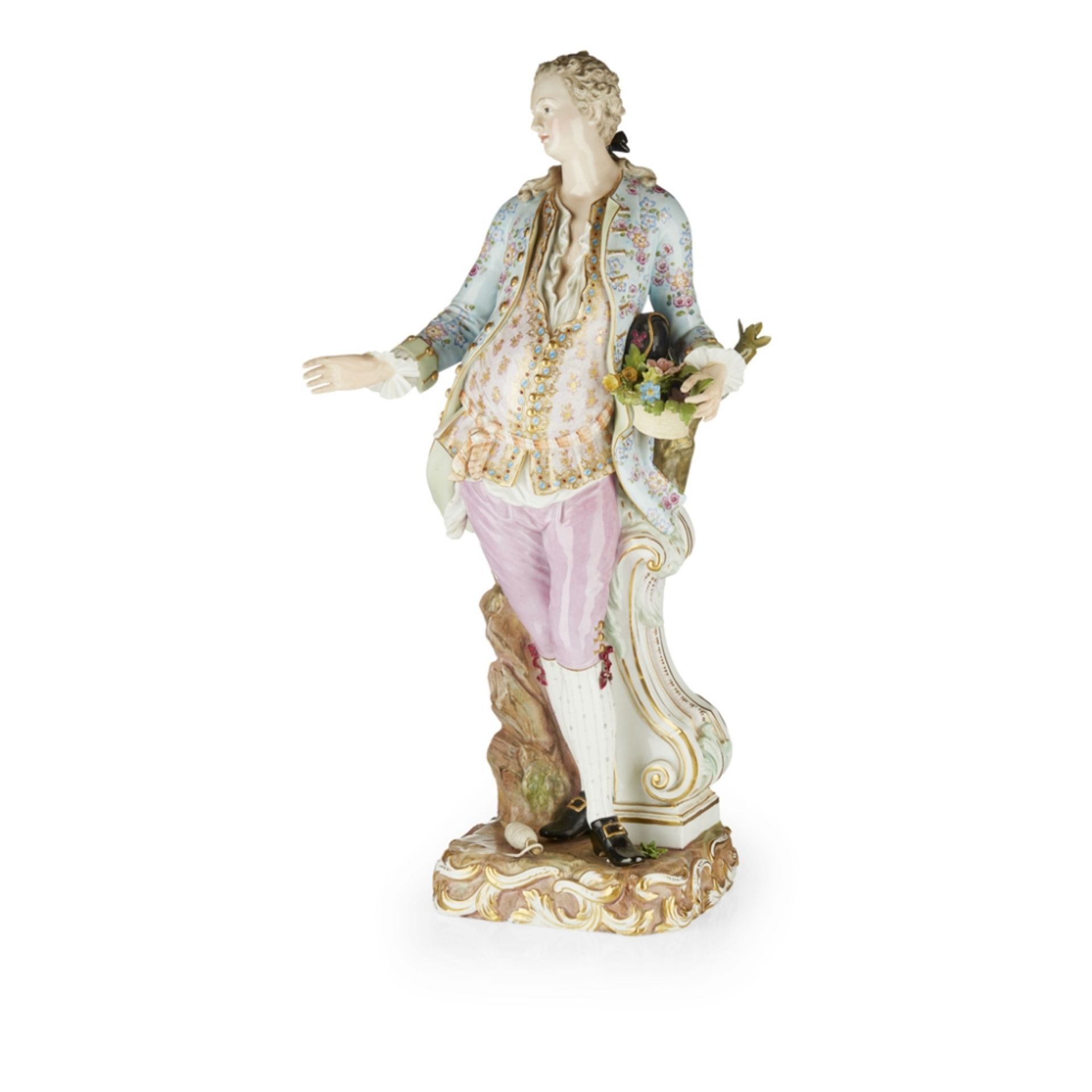 LARGE MEISSEN FIGURE OF A GENTLEMANLATE 19TH CENTURY with a floral jacket and gilded waistcoat above - Image 2 of 2