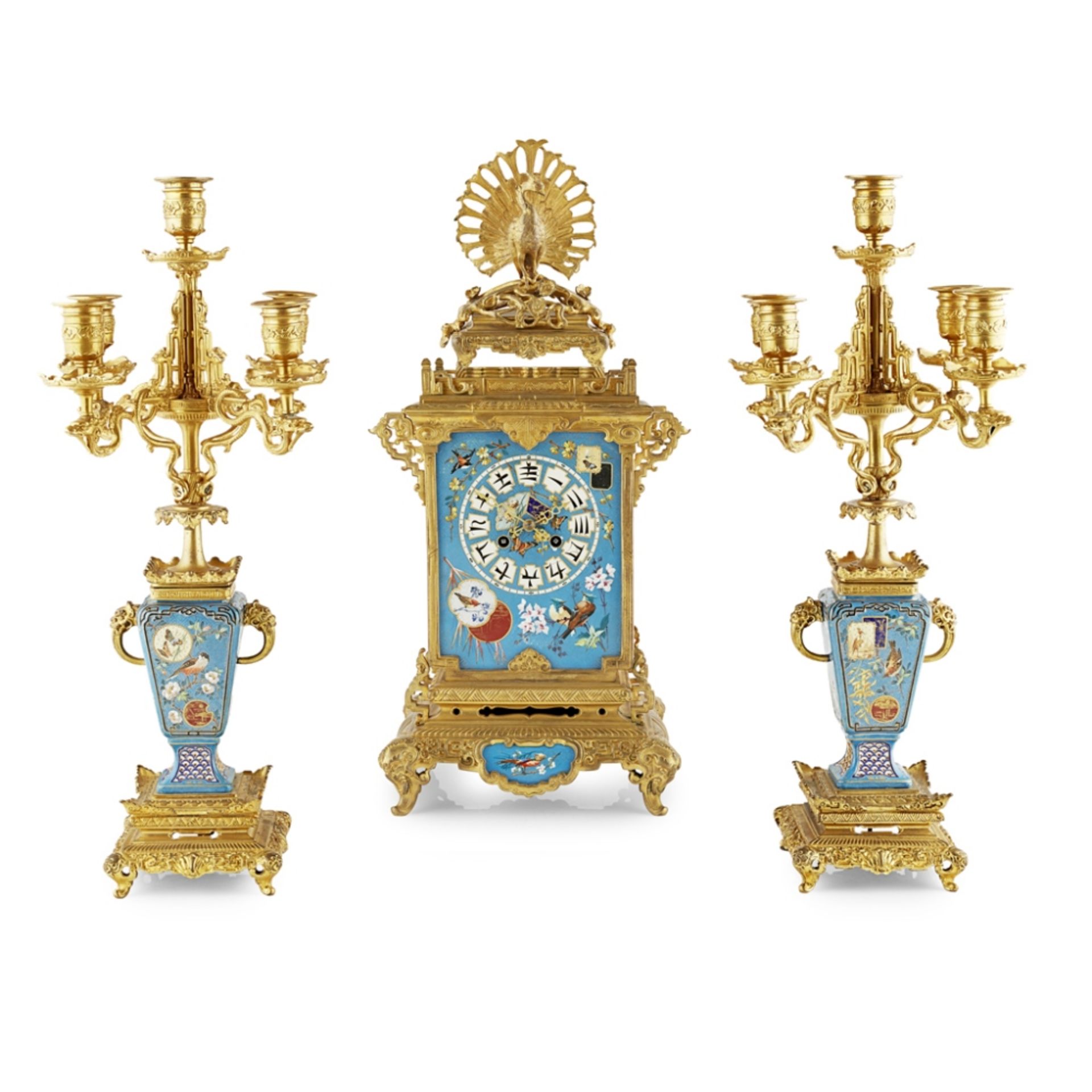 FRENCH 'JAPONISME' PORCELAIN AND GILT BRONZE THREE PIECE CLOCK GARNITURE, ATTRIBUTED TO L’ESCALIER