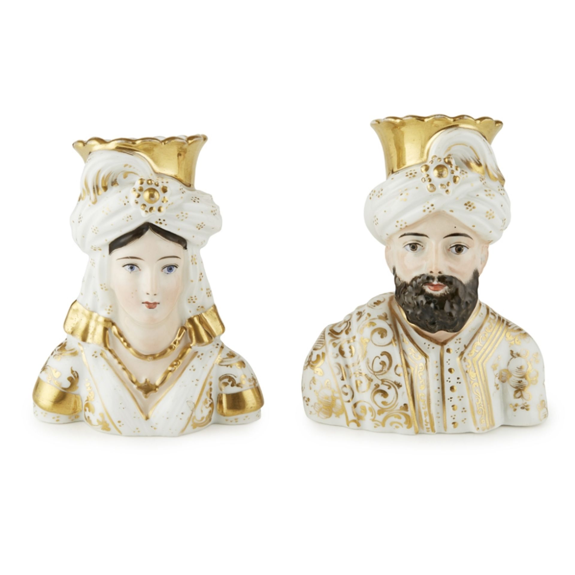 PAIR OF PORCELAINE DE PARIS BUSTS OF OTTOMANS19TH CENTURY modelled as a sultan and sultana, their