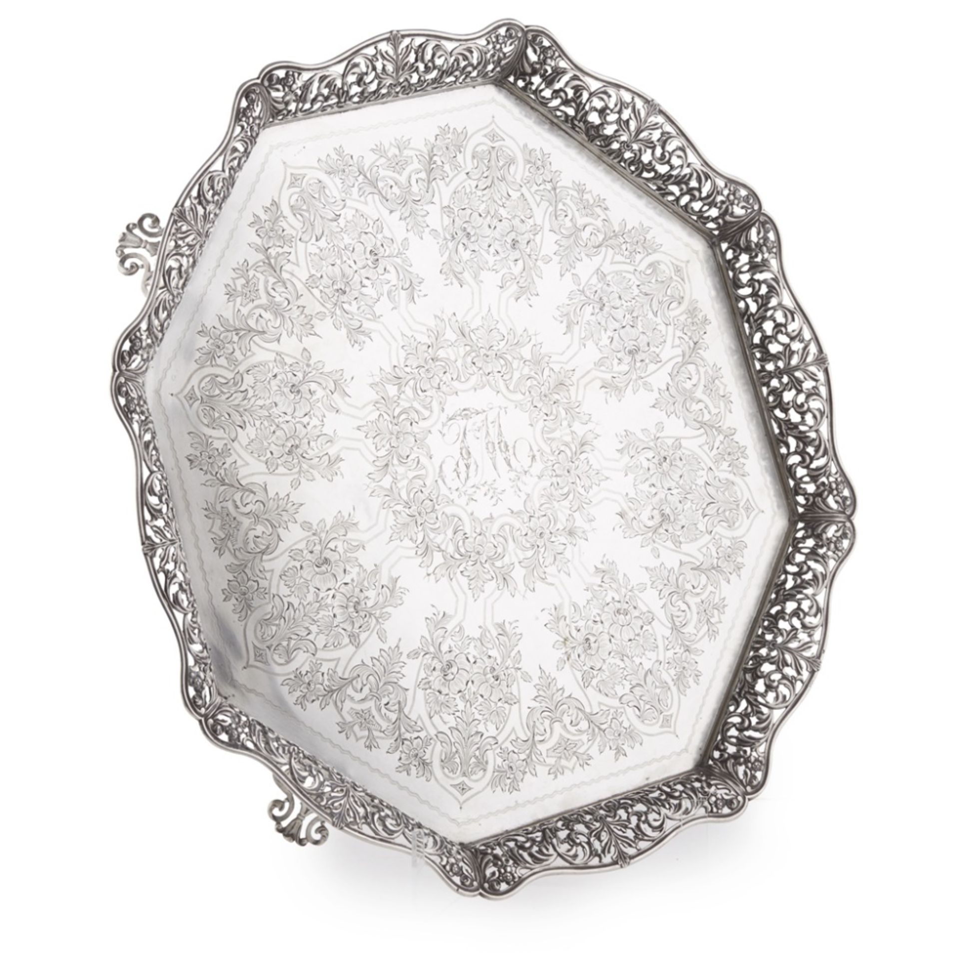 LARGE PORTUGUESE SILVER OCTAGONAL TRAYCIRCA 1880 with a raised pierced cast border enclosing