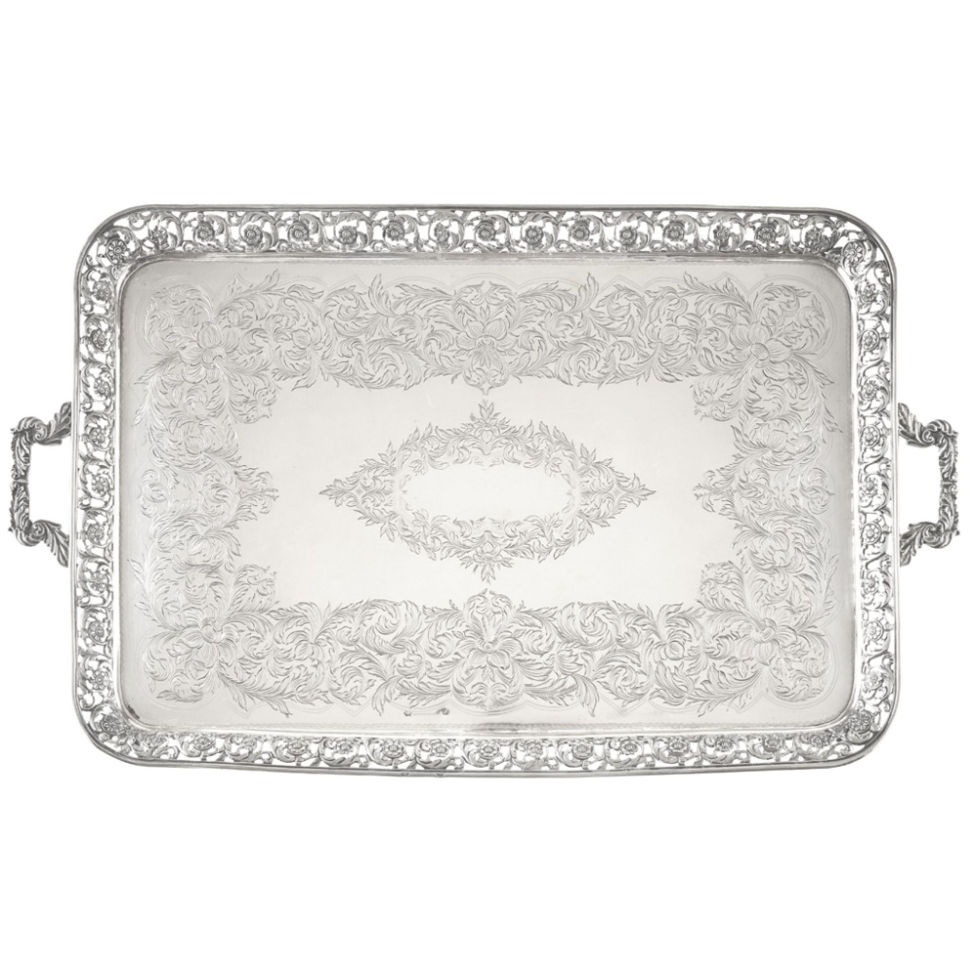 LARGE SILVER TWIN-HANDLED TRAYPOSSIBLY PORTUGUESE, CIRCA 1880 of rectangular form with pierced