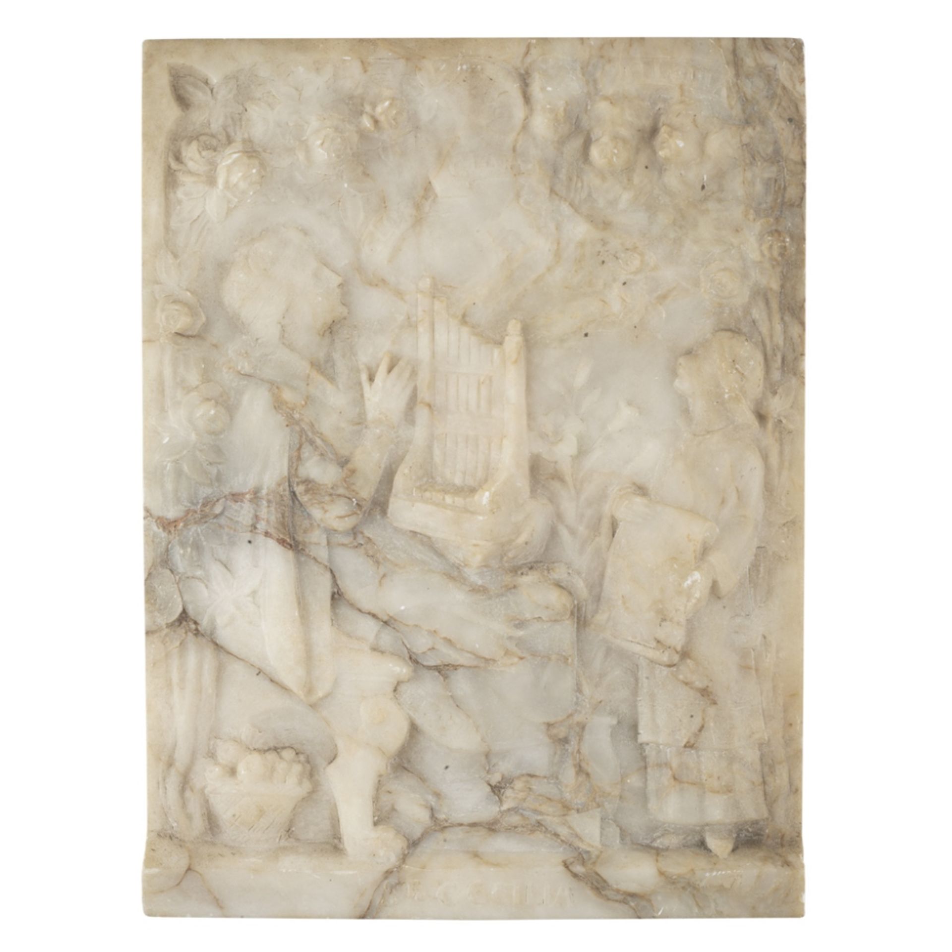 TWO CARVED ALABASTER RELIEF PANELSof rectangular form, the first depicting Cupid with Artemis and - Image 3 of 3