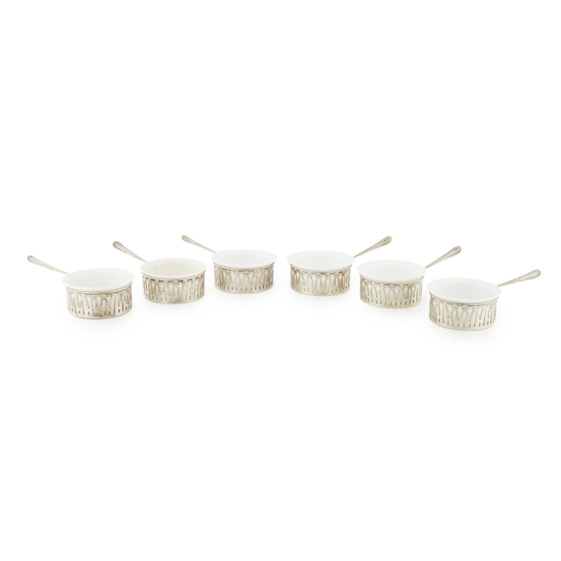 SET OF SIX PORCELAIN SOUFFLÉ CUPS AND SILVER STANDSwith pierced silver stands, with added handles - Image 2 of 2