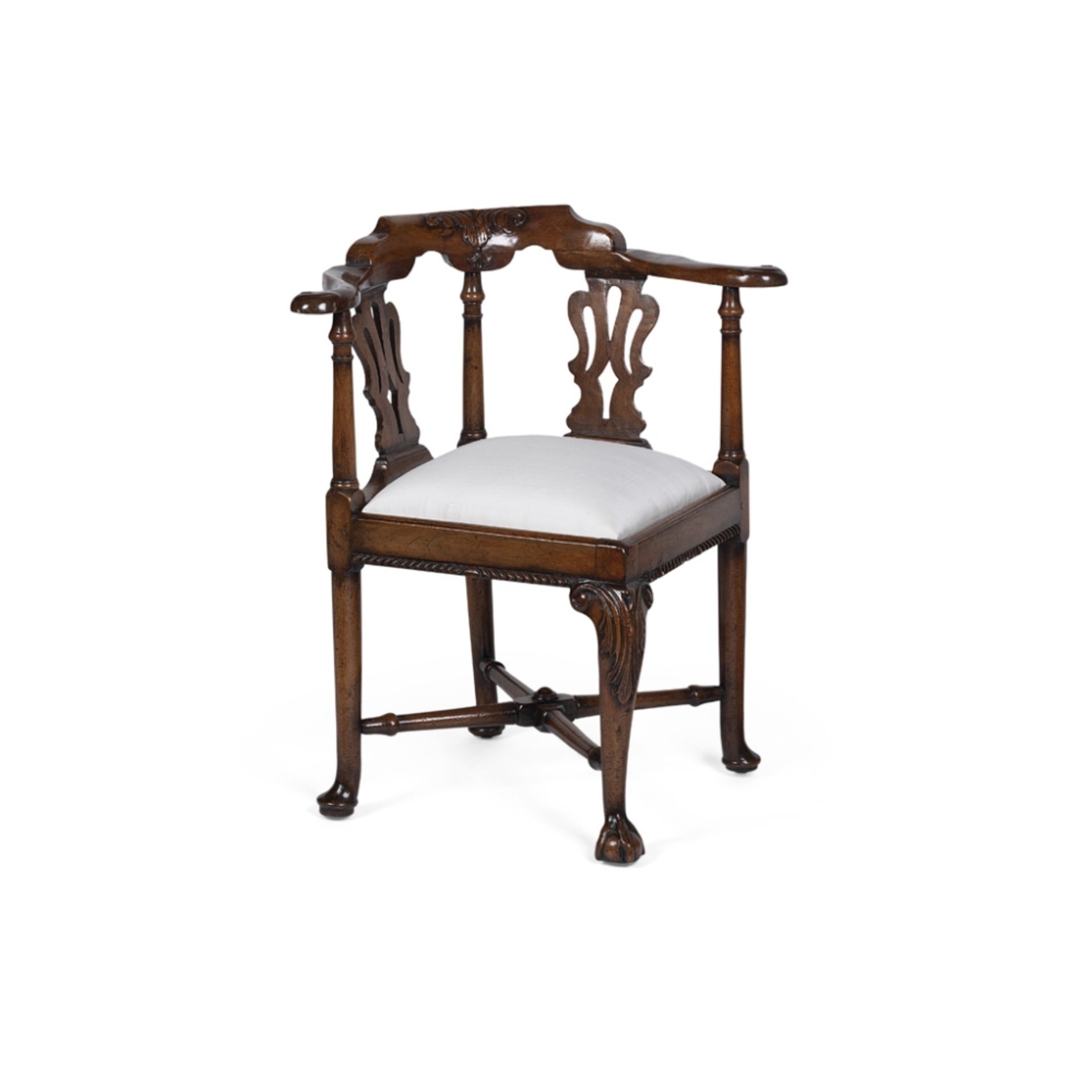 GEORGE II WALNUT CORNER ARMCHAIRMID-18TH CENTURY the curved toprail carved with acanthus leading