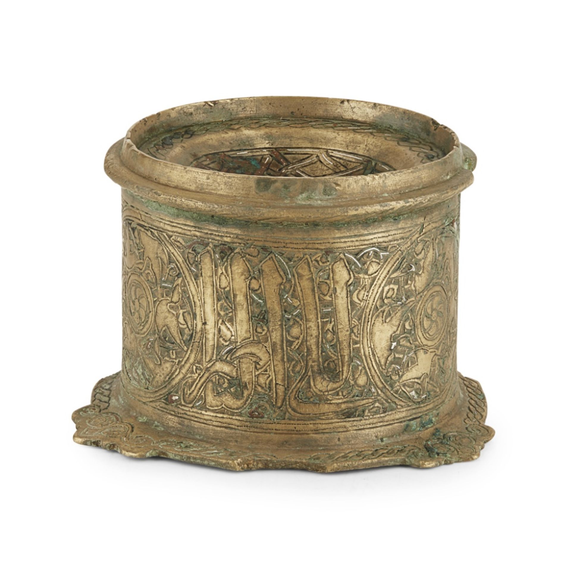 MAMLUK WHITE METAL INLAID BRASS INKWELLEGYPT OR SYRIA, 15TH CENTURY the concave well engraved with a