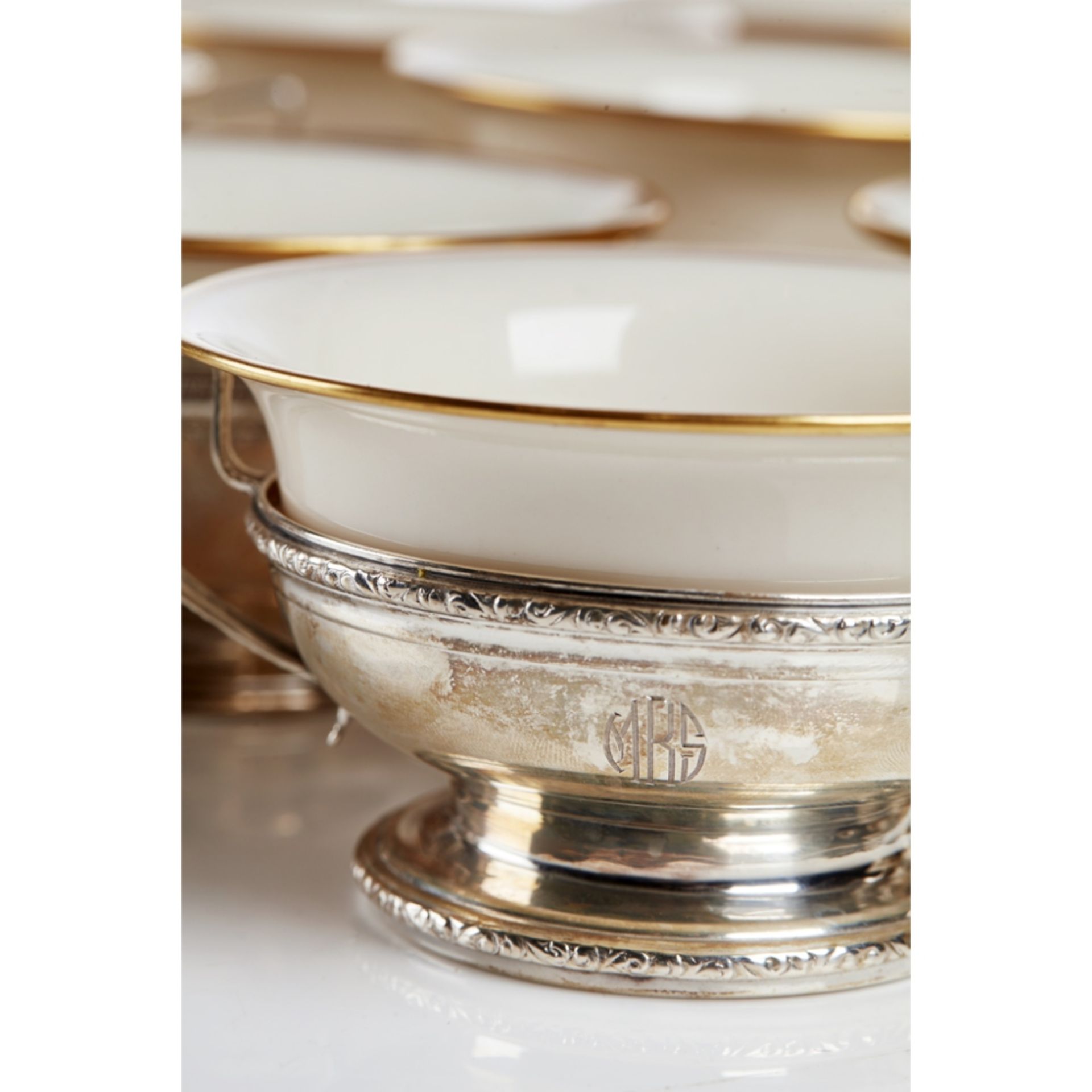 SIXTEEN CONSOMMÉ PORCELAIN CUPS AND SILVER STANDSCIRCA 1900 the porcelain marked LENOX, on silver - Image 3 of 6