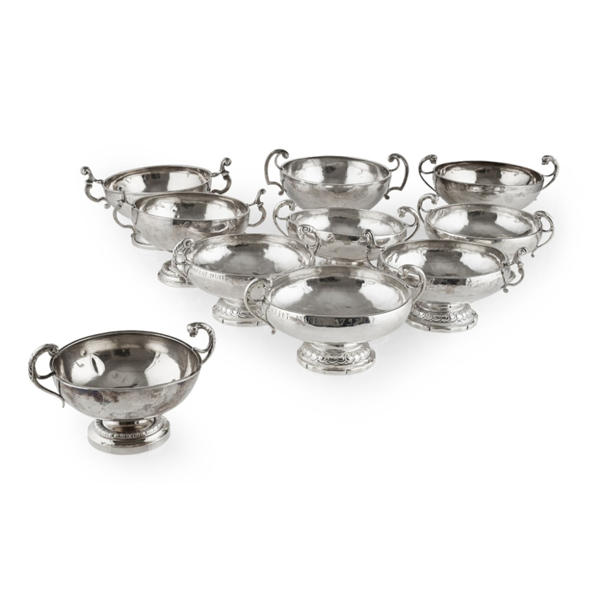 MATCHED SET OF TEN FRENCH SILVER TWIN-HANDLED SHALLOW CUPS19TH CENTURY various fineness marks for