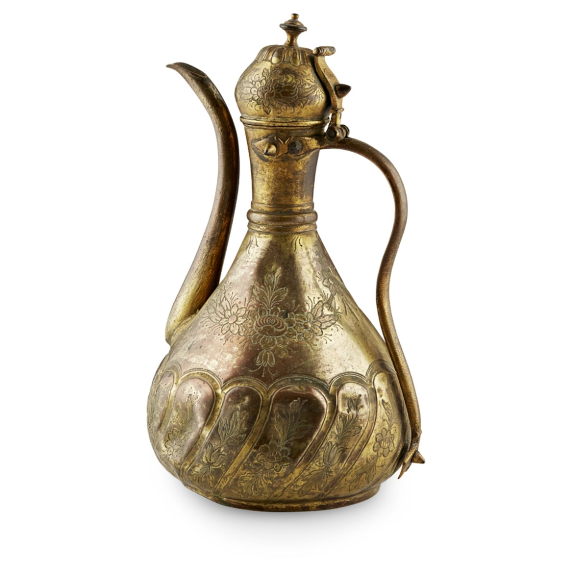 OTTOMAN GILT COPPER (TOMBAK) COVERED EWER18TH CENTURY the hinged domed cover above a curved handle