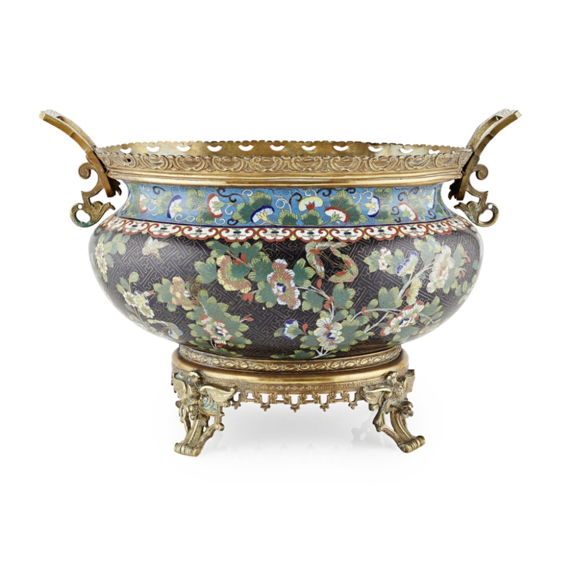 FRENCH GILT BRONZE MOUNTED CHINESE CLOISONNÉ ENAMEL JARDINIÈRELATE 19TH CENTURY with squared everted