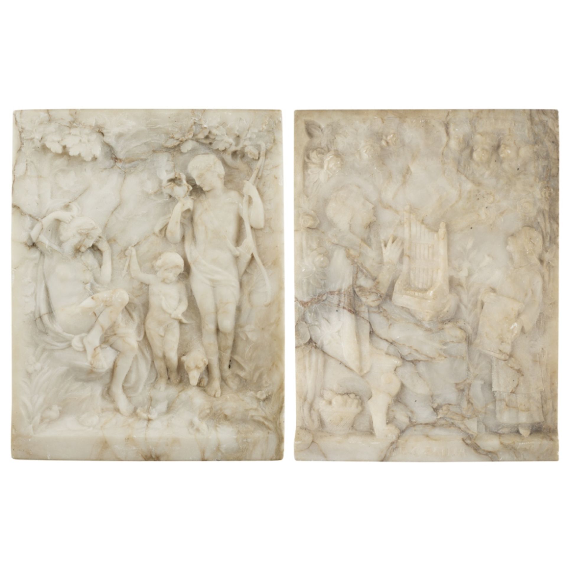 TWO CARVED ALABASTER RELIEF PANELSof rectangular form, the first depicting Cupid with Artemis and