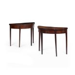 MATCHED PAIR OF GEORGE III MAHOGANY DEMILUNE CARD TABLES18TH CENTURY one with radiating veneers to