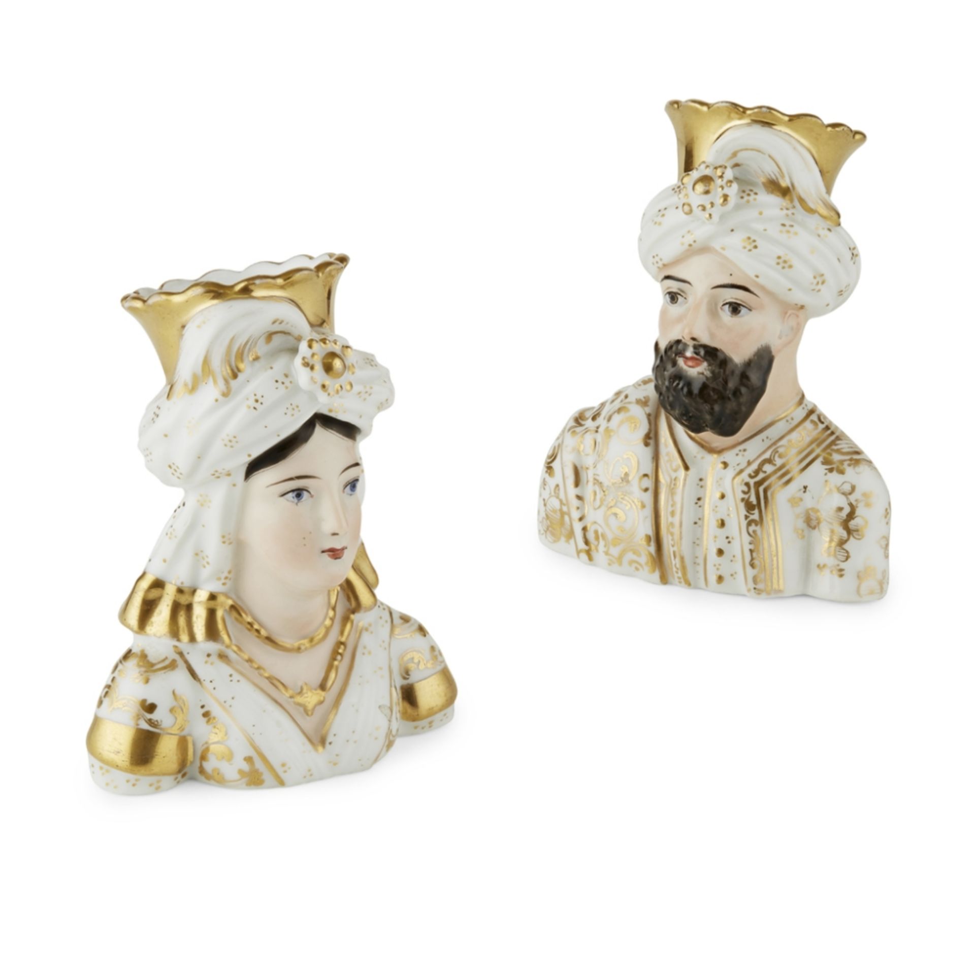 PAIR OF PORCELAINE DE PARIS BUSTS OF OTTOMANS19TH CENTURY modelled as a sultan and sultana, their - Image 2 of 2