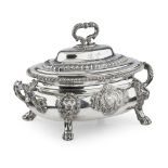 GEORGE III SILVER SOUP TUREENTHOMAS ROBINS, LONDON 1810 of oval outline and baluster bellied form