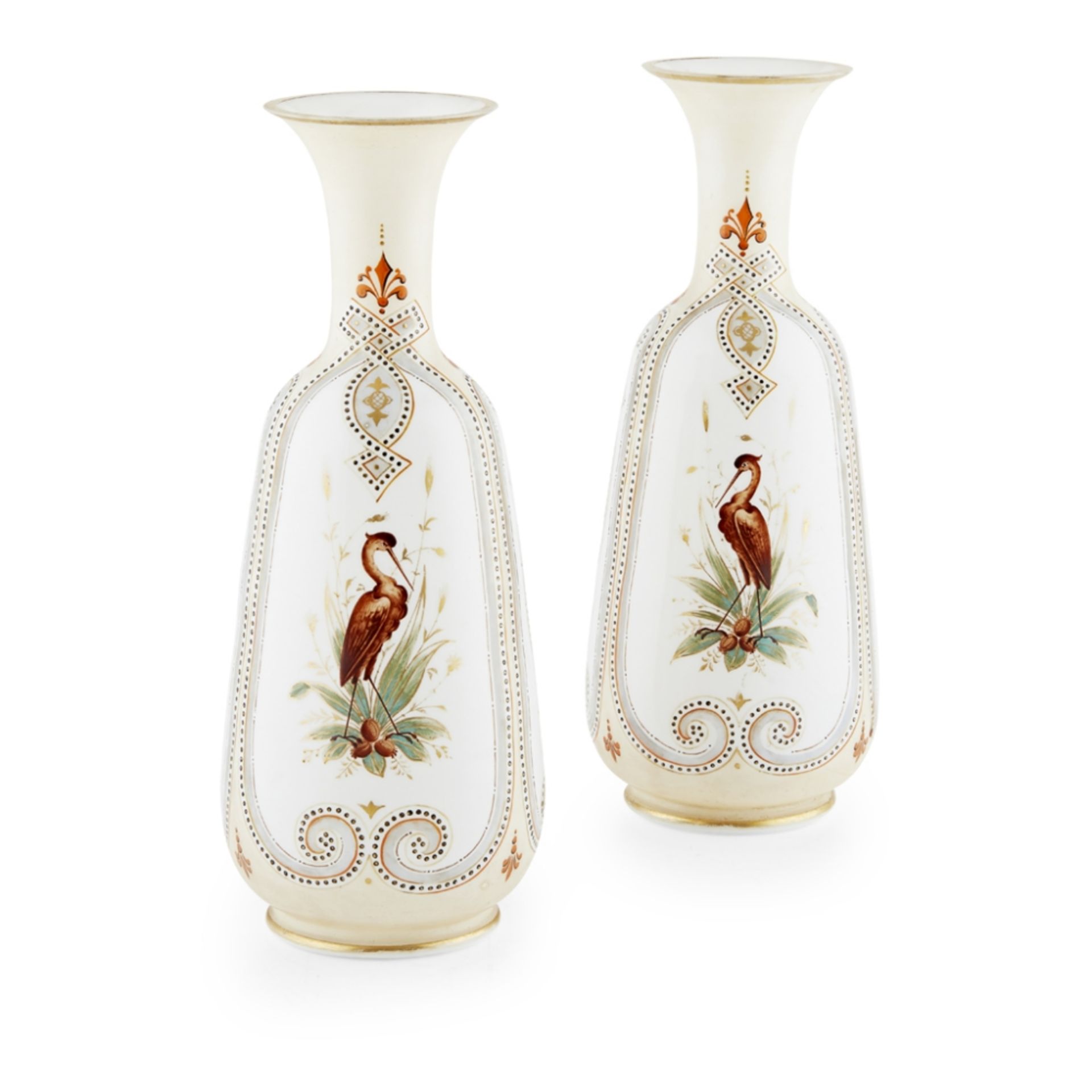 PAIR OF FRENCH PAINTED OPALINE GLASS VASES19TH CENTURY with everted rims and slim necks