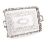 LARGE PORTUGUESE SILVER TWIN-HANDLED TRAYCIRCA 1879 of rectangular form, with pierced cast vine leaf