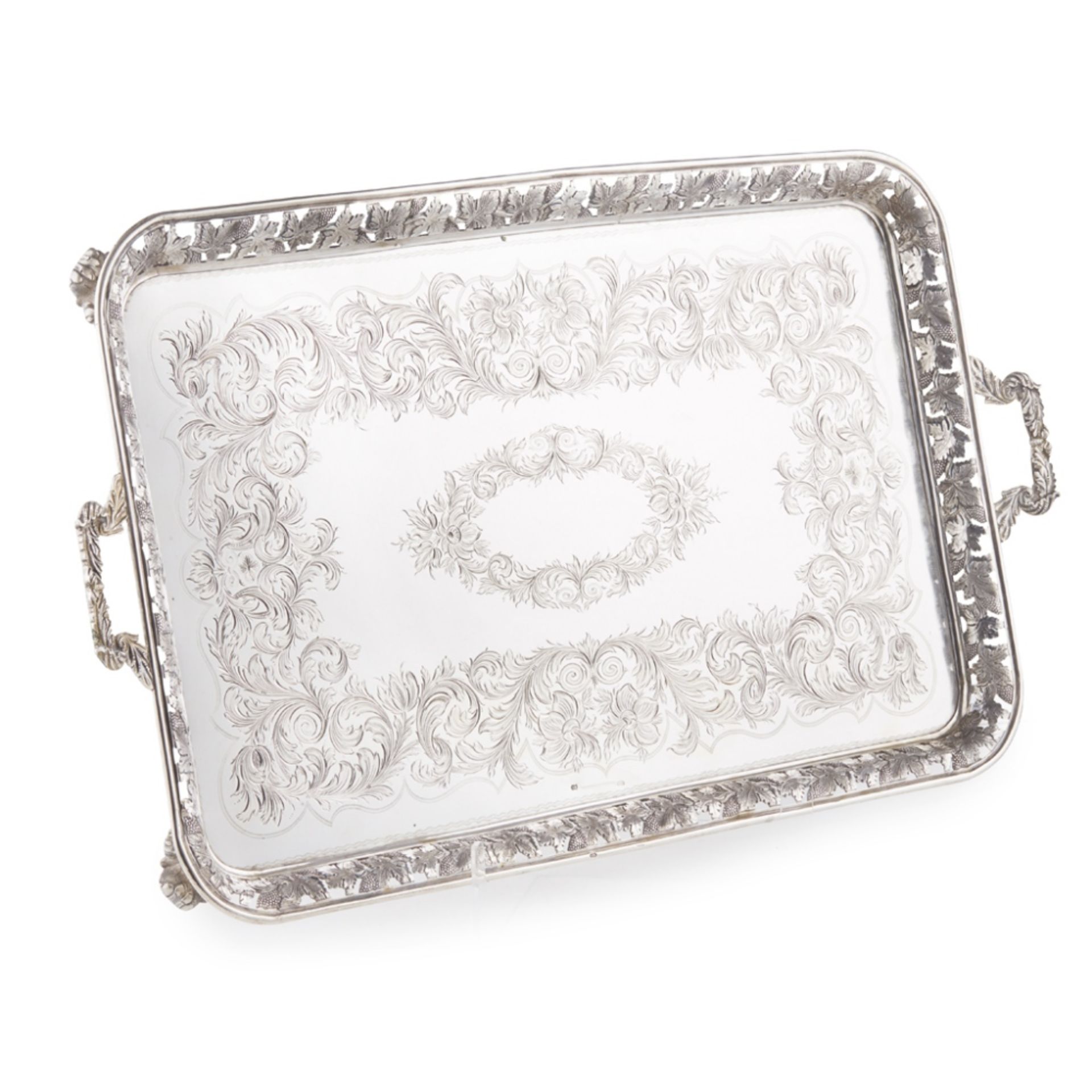 LARGE PORTUGUESE SILVER TWIN-HANDLED TRAYCIRCA 1879 of rectangular form, with pierced cast vine leaf