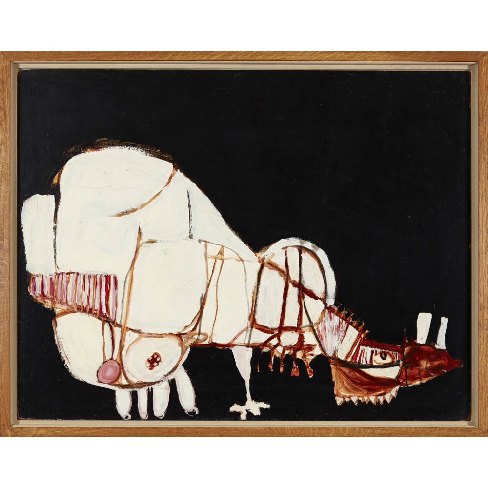 [§] PAT DOUTHWAITE (BRITISH, 1939-2002)ANIMAL WITH SHARP TEETH, CIRCA 1965 oil on board70cm x - Image 2 of 2