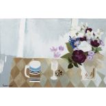 [§] MARY FEDDEN O.B.E. (BRITISH, 1915-2012)THREE CROCUSES, QUAIL EGG AND MUG, 1987 signed and