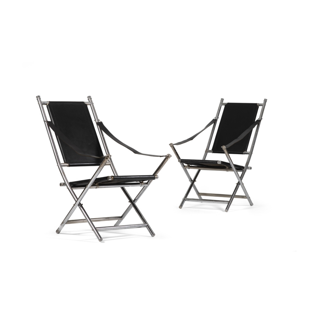 MAISON JANSEN (ATTRIBUTED TO)PAIR OF ARMCHAIRS, 1970S leather on chromed steel folding frames90cm