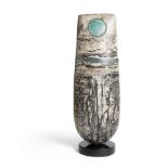 PETER HAYES (BRITISH, B.1946)RAKU STANDING STONE WITH BLUE WAVE signed (to the base)71cm high,