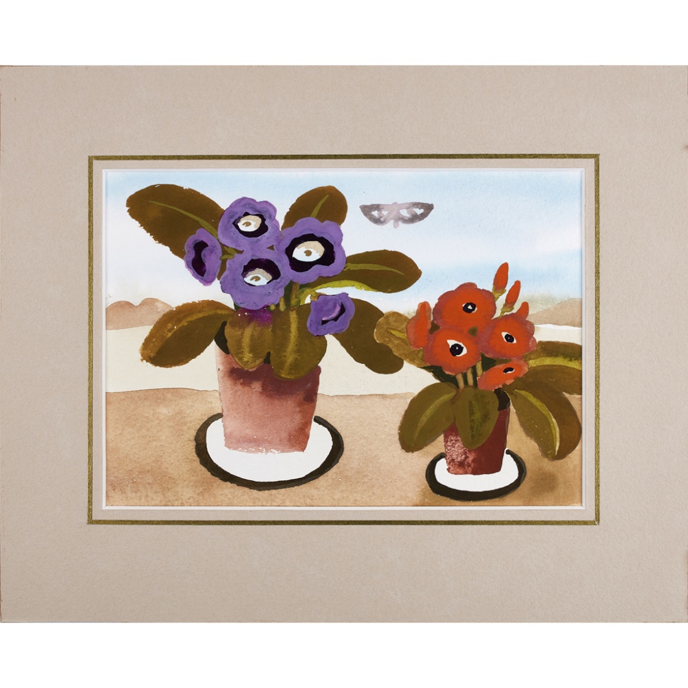 [§] MARY FEDDEN O.B.E. (BRITISH, 1915-2012)PANSIES for 'The Artist's Postcard Show', signed and