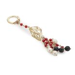 [§] INGEBORG BRATMAN (AUSTRIAN, 1935-2015)PEARL, CORAL AND CARVED HARDSTONE BEAD SET KEY CHAIN