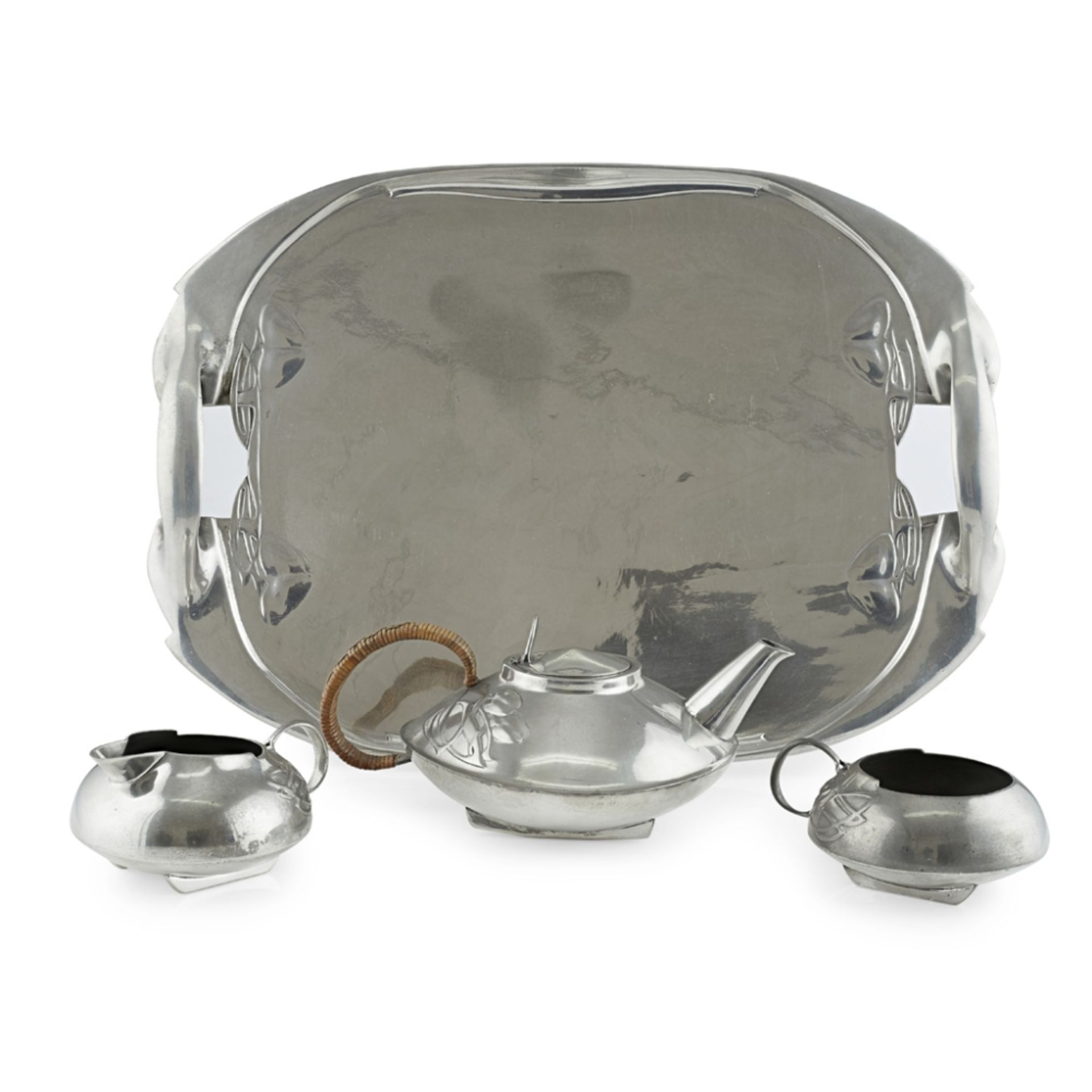 ARCHIBALD KNOX (1864-1933) FOR LIBERTY & CO., LONDON 'TUDRIC' THREE PIECE PEWTER TEA SERVICE & TRAY, - Image 2 of 4