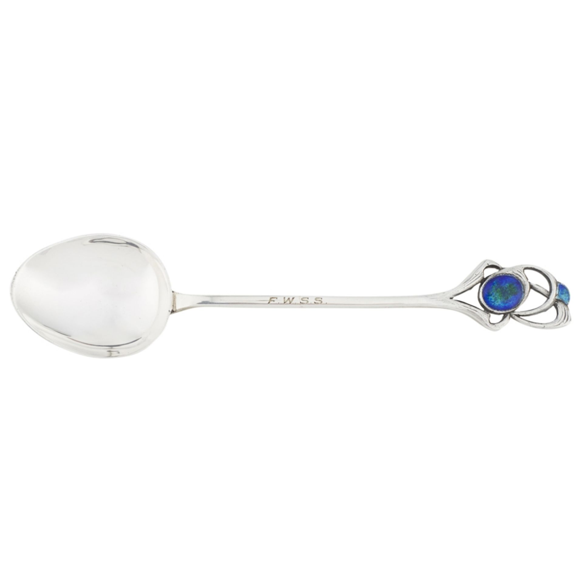 ARCHIBALD KNOX (1864-1933) FOR LIBERTY & CO., LONDON SILVER & ENAMEL SPOON, BIRMINGHAM 1909 with