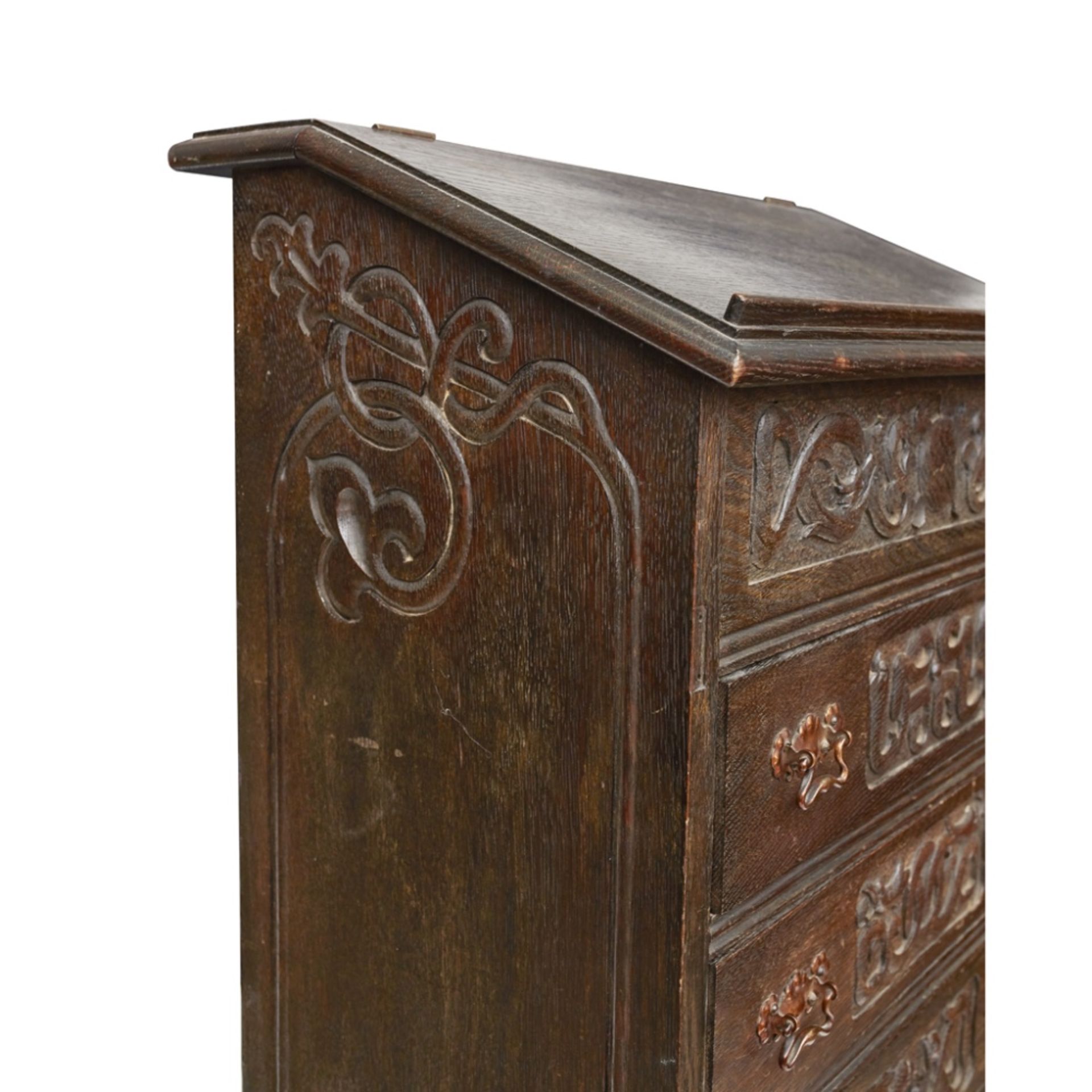 ENGLISH SCHOOL CELTIC REVIVAL OAK STANDING DESK AND DRAWERS, CIRCA 1900 the sloping hinged fall - Image 3 of 3