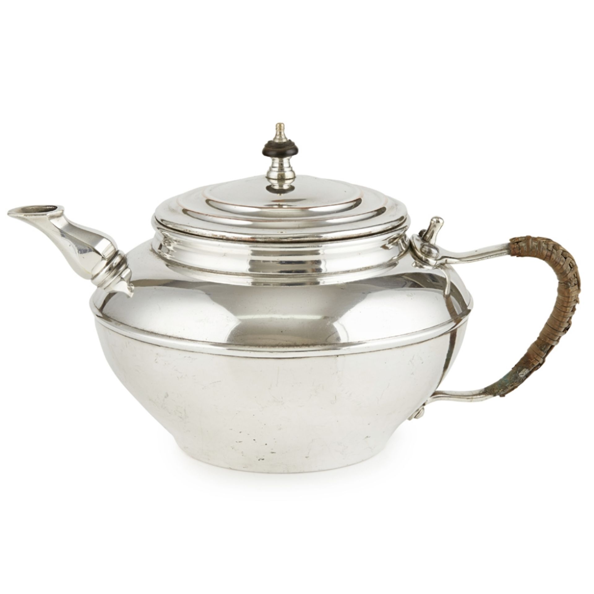 W.A.S. BENSON (1854-1924) SILVER PLATED TEAPOT, CIRCA 1890 the circular body with upright short